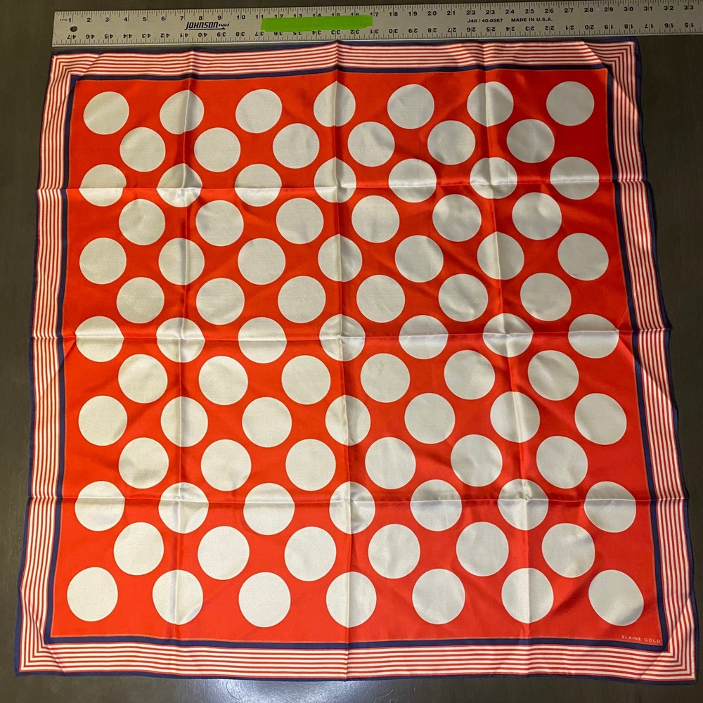 Elaine Gold Vintage Silk Square Scarf Red White Polka Dot Striped Border 22in